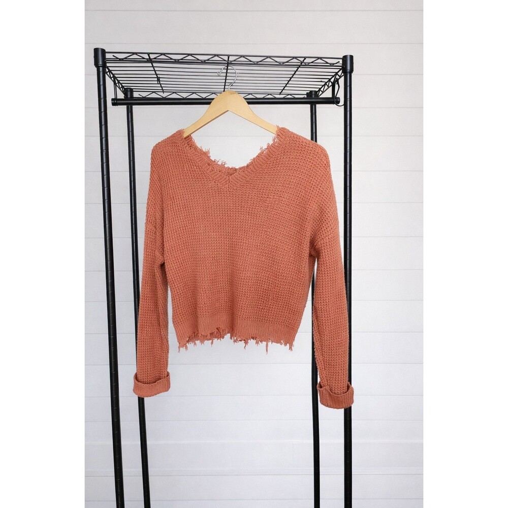 Moon and Madison Women's Distressed V-Neck Pullover Sweater Rust Small - Picture 2 of 6
